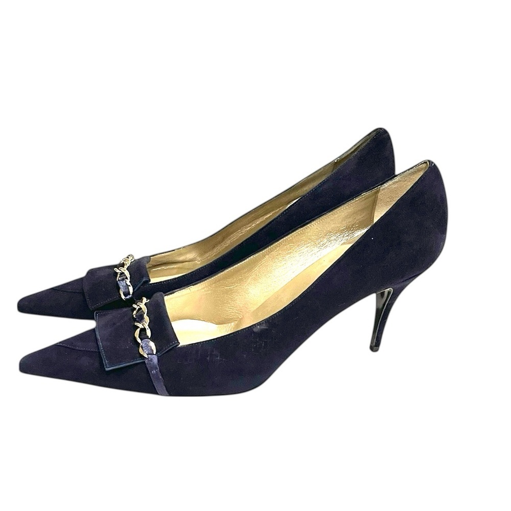 Claudia Ciuti Navy Suede Point Toe Pumps Chain Detail SZ 9.5